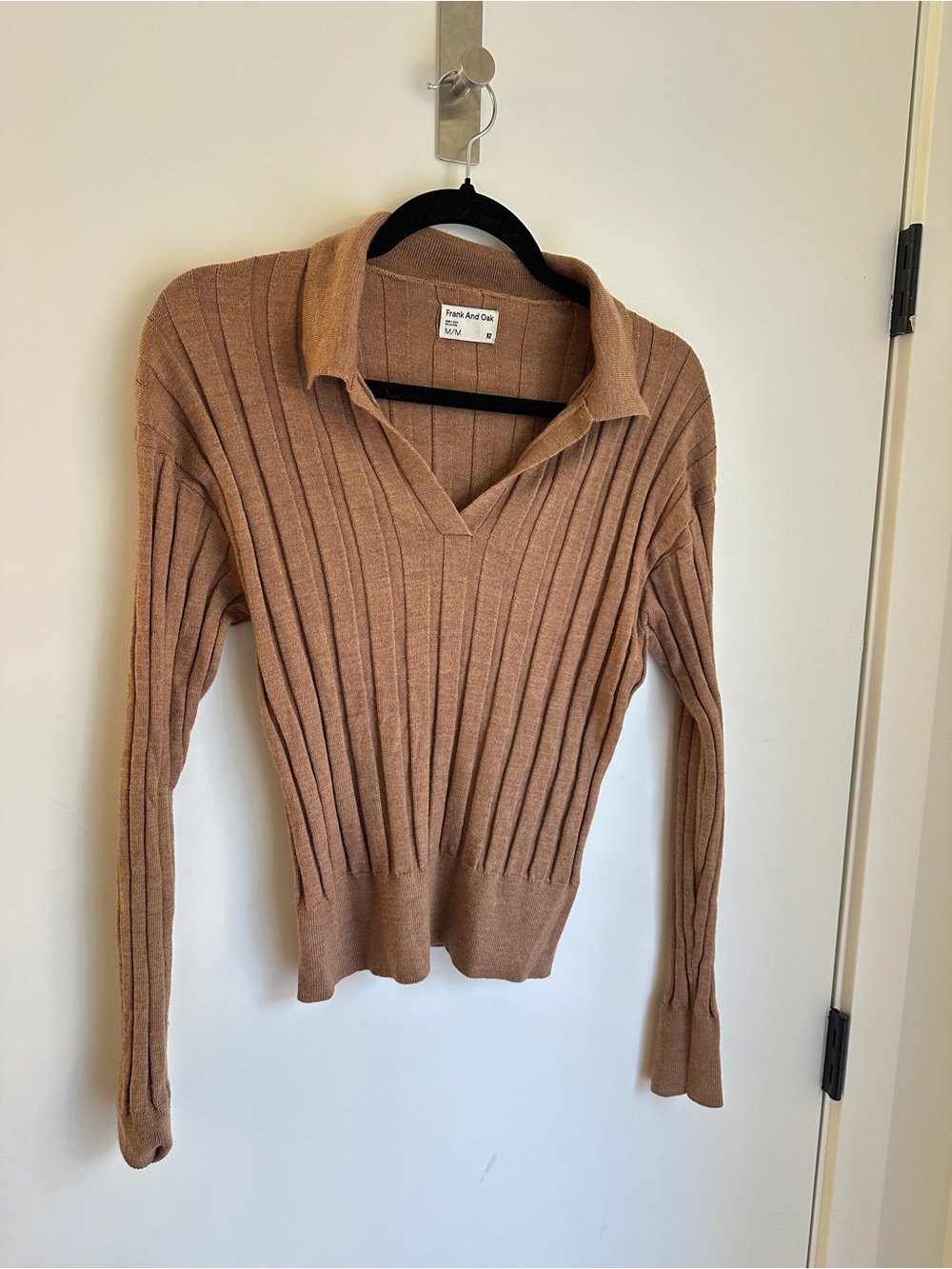 Frank & Oak Ribbed V-Neck 100% Merino Wool Polo Sweater in Camel